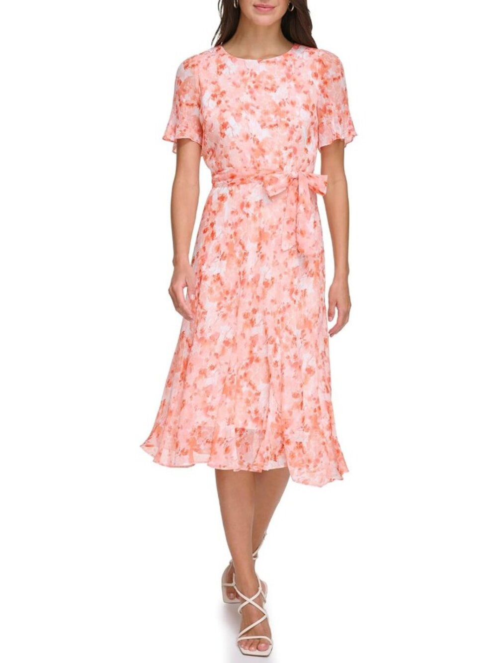 Flutter Sleeve Round Neck Midi Dress with Waist Tie - Perfect for Any Occasion